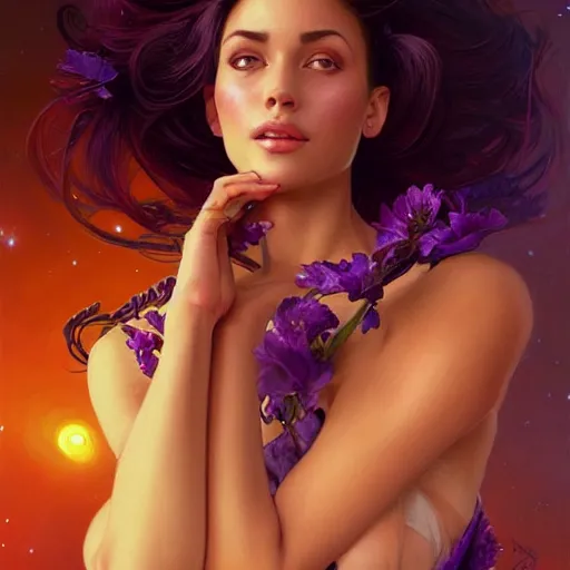 Image similar to Portrait of very very very very very very beautiful Latina woman, spacesuit, purple eyes, intricate, elegant, highly detailed, digital painting, artstation, concept art, smooth, sharp focus, illustration, art by artgerm and greg rutkowski and alphonse mucha