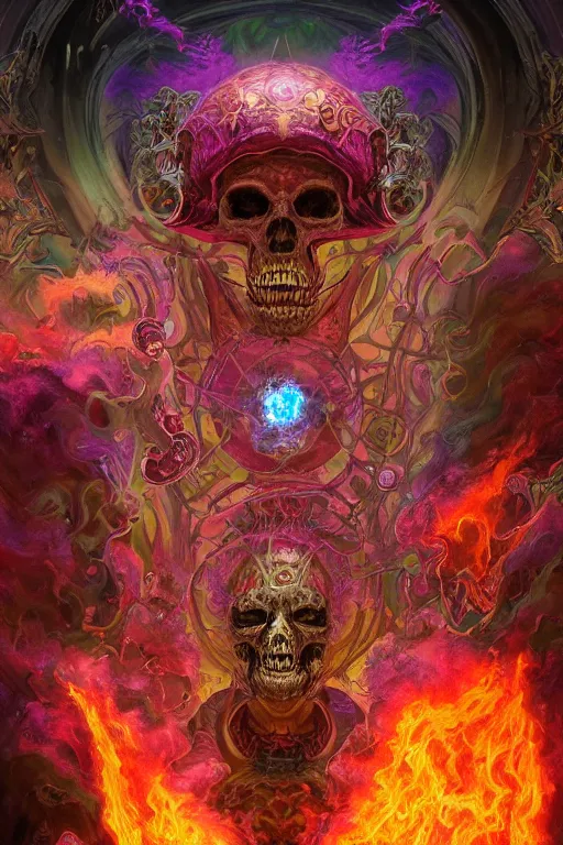 Prompt: gigantic psychedelic demonic cosmic skull of death and fire of outer space, fantasy painting, ultra realistic, dmt, wide angle, art nouveau, intricate details, digital painting, rainbowshift, vivid colors, highly detailed by peter mohrbacher, h. r. giger, maxfield parrish, craig mullins, octane render, cgi