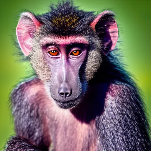 Image similar to a baboon, pink background, award - winning photography