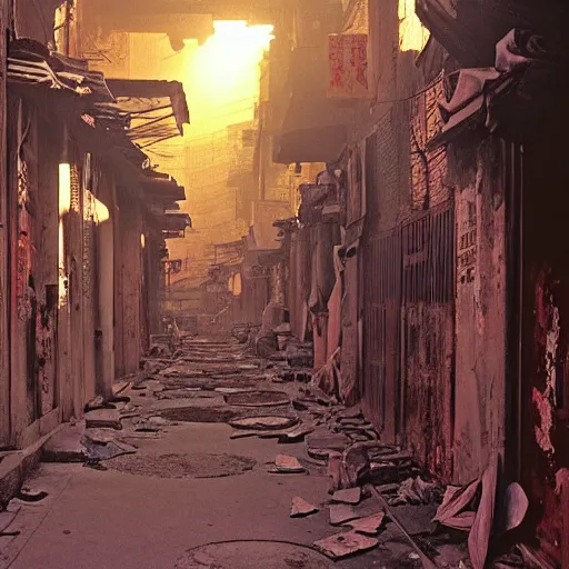 Image similar to wideangle view of an alley in kowloon walled city, dirty, decaying, golden hour, cinestill, art by syd mead