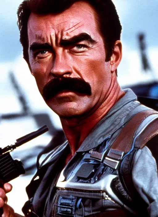 Image similar to film still of tom selleck as the terminator in the terminator, 4 k