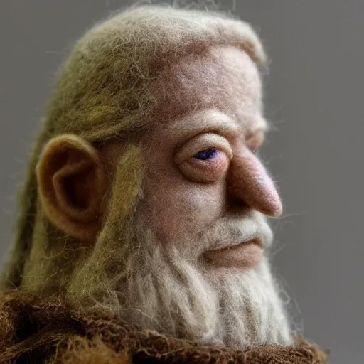 Image similar to needle felted king theoden from the return of the king (2003), highly detailed, tilt shift, eerie!, hyperrealism, highly textured, god rays