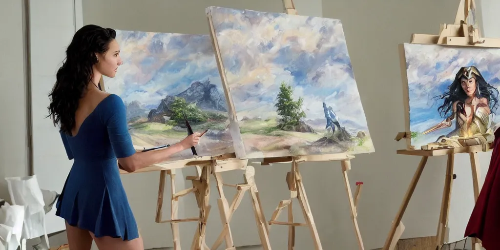 Prompt: gal gadot, stands at a her easel, dressed as wonder woman, paints beautiful landscape art, soft focus, long exposure