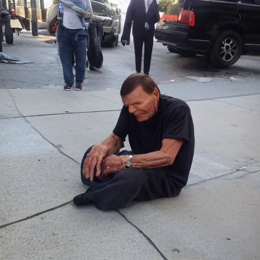 Prompt: kenneth copeland begging on the street of la, homeless, looking sad