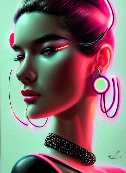 Image similar to photorealistic portrait of female humanoid, cyber neon lights, highly intricate, retro 6 0 s haute couture fashion, elegant, highly detailed, crispy quality, trending on artstation, trending on pinterest, glamor pose, no signature, no watermark, art by artgerm and greg rutkowski