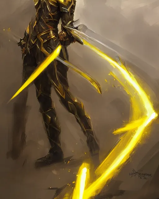 Prompt: a large yellow lightning bolt shaped like a sword by daniel gerhartz, trending on artstation
