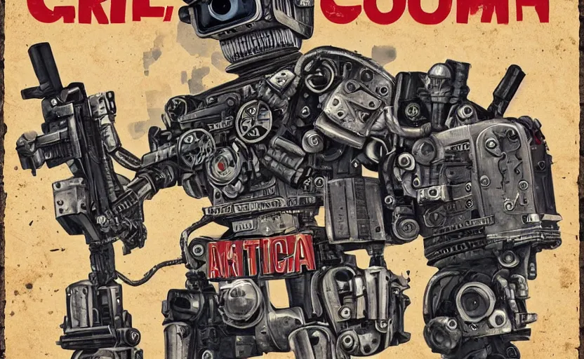 Image similar to robot made of guns, gritty, goes hard, america, poster, detailed, award winning, iconic, ww 3,