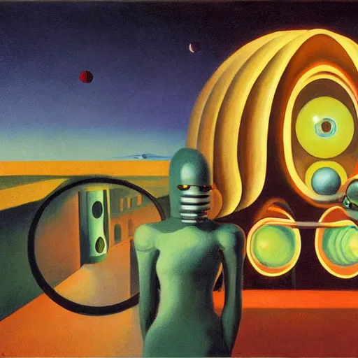 Image similar to three biomorphic robotic seers watchers oracles soothsayers with glowing eyes, inside a dome, pj crook, grant wood, edward hopper, syd mead, chiaroscuro, oil on canvas