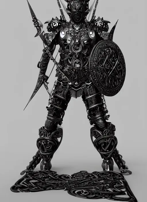 Image similar to hyper realistic glorious ancient celtic god in a obsidian metal armor, futuristic design, designed by makoto kobayashi and luca zampriolo, portrait, cyberpunk style, wood and gold details, intricate, extremely detailed, ornate, deep of field, hard surface, exoskeleton, substance designer metal unreal engine. amazing likeness. very detailed.