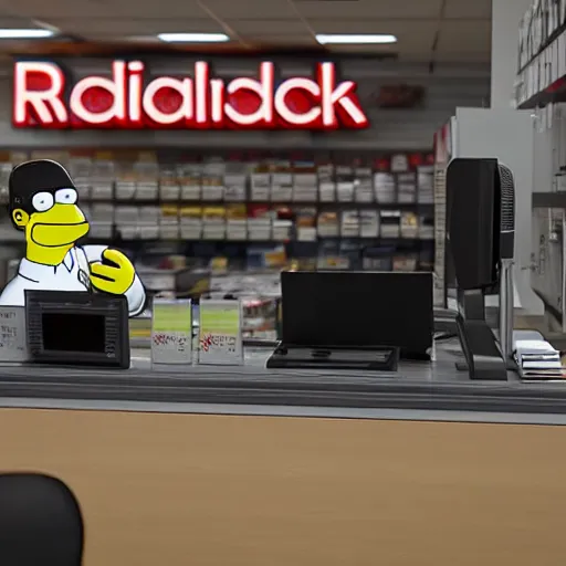 Prompt: Radioshack with a Homer Simpson behind the counter selling products in the store, real cinematic shot very detailed