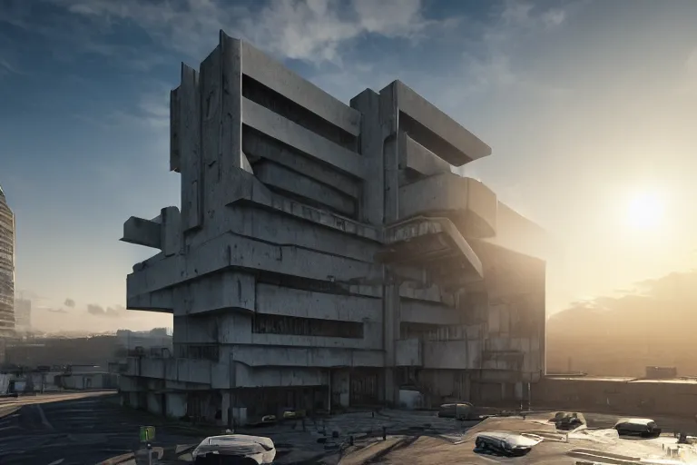 Image similar to extremely detailed cathedral of brutalist architecture, stunning volumetric light, sunset, metal, concrete and translucent material, stunning skies, trending on Artstation, 8k, photorealistic, hyper detailed, unreal engine 5, IMAX quality, cinematic, epic lighting, in the style of Greg Rutkowski