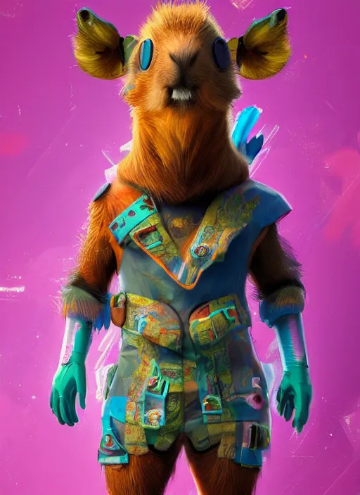 Image similar to detailed full body concept art illustration colorful pastel painting of an anthropomorphic capybara superhero in full intricate clothing, biomutant, ultra detailed, digital art, octane render, 4K