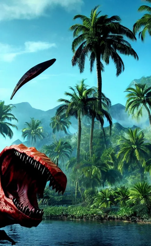 Prompt: super super super epic cinematic shot of spinosaurus, jurassic park movie, 8k scene, bloody, ++++++ super super super dynamic action, concept photos, dynamic lighting, dynamic shaders, sunny day, palm trees, amazing quality