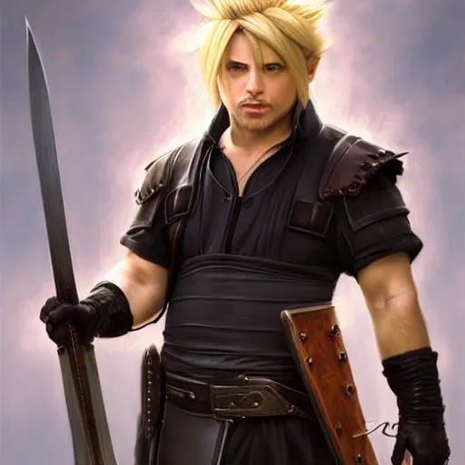 Prompt: Danny DeVito as Cloud Strife, western, D&D, fantasy, intricate, elegant, highly detailed, digital painting, artstation, concept art, matte, sharp focus, illustration, art by Artgerm and Greg Rutkowski and Alphonse Mucha