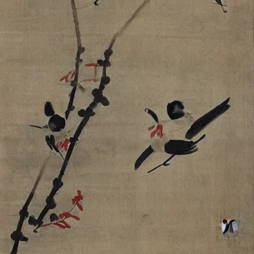 Prompt: the Chinese ancient painting of little birds ,by emperor Huizong of Song