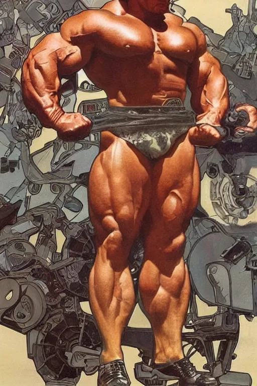 Image similar to arnold schwarzenegger power lifting a truck over his head, by artgerm and moebius and alphonse mucha, hyperdetailed, dc comics, explosions in the sky, trending on deviantart