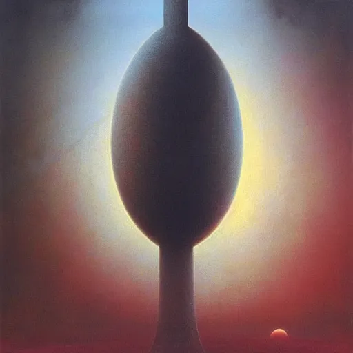 Prompt: long shot of among us red armless astronaut space ship in the background, amogus, art by zdzislav beksinski, high quality, dark hues, higly detailed, oil painting