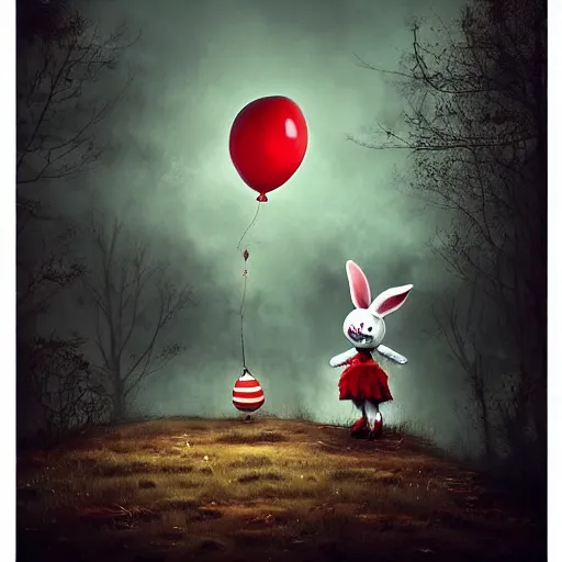 Prompt: grunge cartoon landscape portrait painting of a cartoon bunny and a red balloon by - michal karcz, loony toons style, pennywise style, horror theme, detailed, elegant, intricate