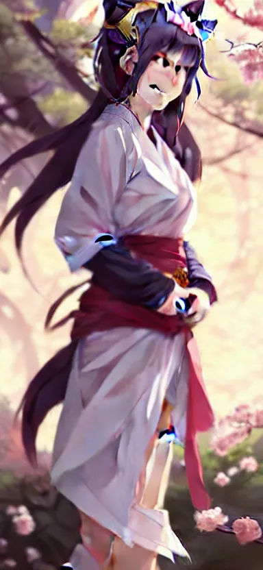 Image similar to a league of legends concept art of a cute girl with cat ears wearing kimono at a sakura tree, art by cushart krentz and greg rutkowski, 8 k resolution, high quality, highly detailed, long hair, fantasy style, empty background, illustration, hyperrealism, octane render, commission art, trending on artstation, pinterest