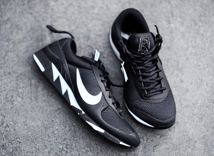 Image similar to product still of Black Panther signature Nikes, black with silver panther teeth accents, 85mm f1.8