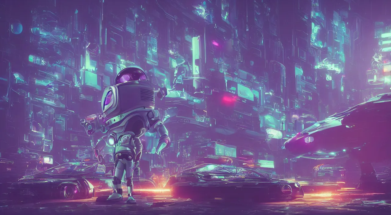 Prompt: lightyear, buzz lightyear, cyberpunk art by mike winkelmann, shutterstock contest winner, space art, darksynth, retrowave, synthwave