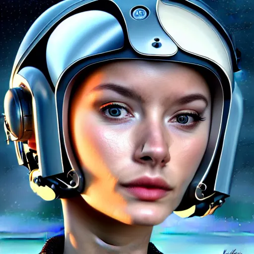 Prompt: portrait of the beautiful young robotic pilot of jets, surreal, fantasy, intricate, mechanical, elegant, dramatic, piloting a fighter jet, highly detailed, gears, lifelike, photorealistic, digital painting, painterly, artstation, concept art, smooth, head in focus, sharp focus, background aerial battle, illustration, art by John Collier and Krenz Cushart and Artem Demura and Alphonse Mucha and Albert Aublet,