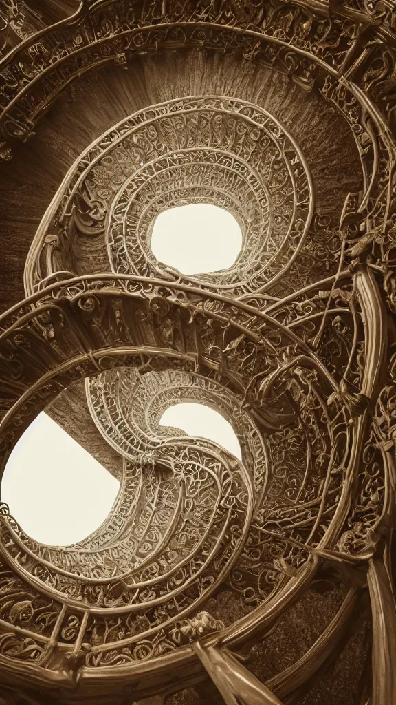 Prompt: a surreal dreamlike scene of an ornate spiral staircase leading to a portal in the sky, volumetric lighting, unreal engine 5, majestic awe-inspiring atmosphere, photorealistic, extravagant hyperdetailed 3d matte painting, hyperrealism, hyperrealistic, 8k, elegant cinematic fantasy art, overwhelming depth and detail, magic, intricate masterpiece, vibrant fantasy style 8k ultrahd octane render