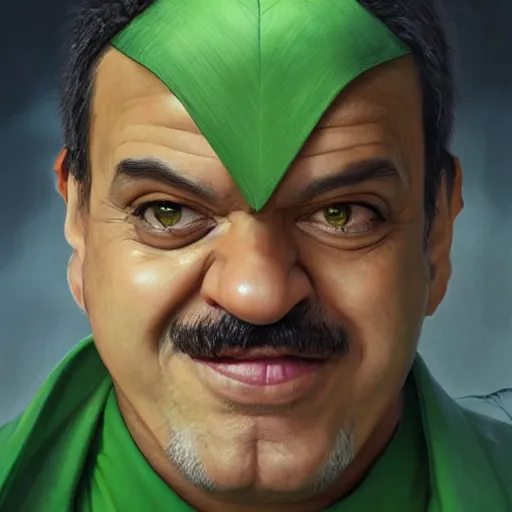 Image similar to hyper realistic, realistic - anime, portrait, beautifully rendered, italian garb the future, dune, caricature, luis guzman as luigi wearing green, smirking deviously, luigi, luigi's nose, painted by gustave courbet, greg rutkowski, wlop, artgerm, dishonored 2,