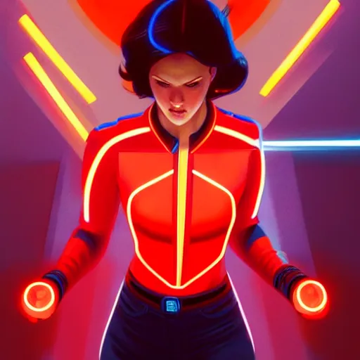 Image similar to tron, wearing a red polo shirt, a video game store setting, intricate, headshot, highly detailed, digital painting, artstation, concept art, sharp focus, cinematic lighting, illustration, art by artgerm and greg rutkowski, alphonse mucha, cgsociety, edward hopper