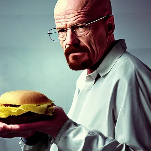 Prompt: walter white from breaking bad eating a cheeseburger