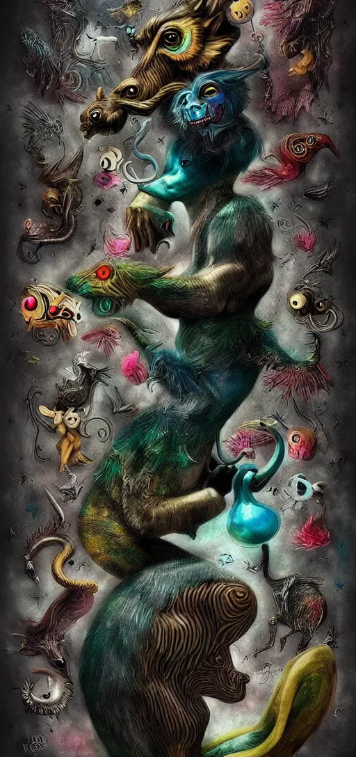 Image similar to strange mythical beasts of whimsy, surreal dark uncanny mixed media colllage by ronny khalil