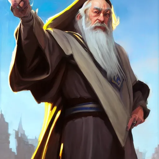 Image similar to greg manchess portrait painting of partially armored albus dumbledore as overwatch character, medium shot, asymmetrical, profile picture, organic painting, sunny day, matte painting, bold shapes, hard edges, street art, trending on artstation, by huang guangjian and gil elvgren and sachin teng