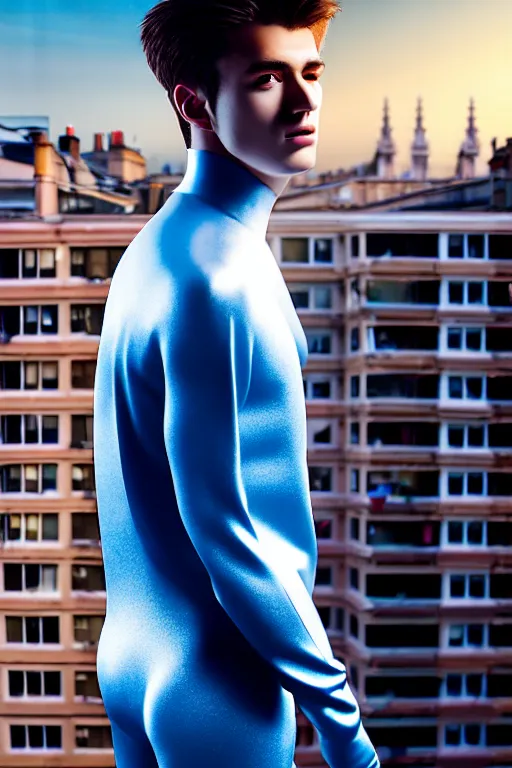 Image similar to un ultra high definition studio quality photographic art portrait of a young man standing on the rooftop of a british apartment building wearing soft padded silver pearlescent clothing. three point light. extremely detailed. golden ratio, ray tracing, volumetric light, shallow depth of field. set dressed.