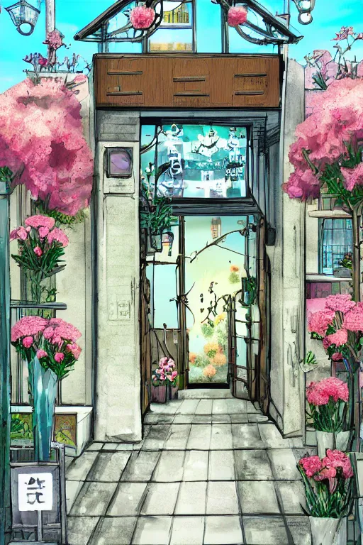 Prompt: a little flower shop's front gate, fresh, digital illustration, dramatic lighting, pixiv