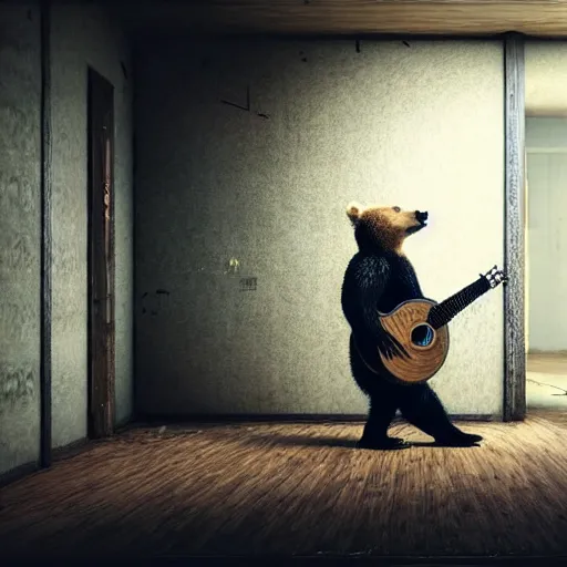 Image similar to realistic bear playing (wooden triangle + guitar neck + sound hole )in an abandoned and desecrated hallway in a cyberpunk lab, ultra realistic, concept art, intricate details, eerie, highly detailed, photorealistic, octane render, 8k, unreal engine, art by Vita Wen