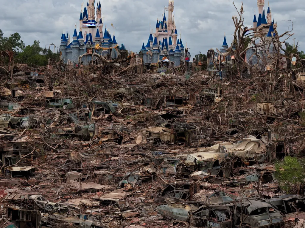 Prompt: Disney world in an apocalypse, award-winning photograph, devastation, destruction