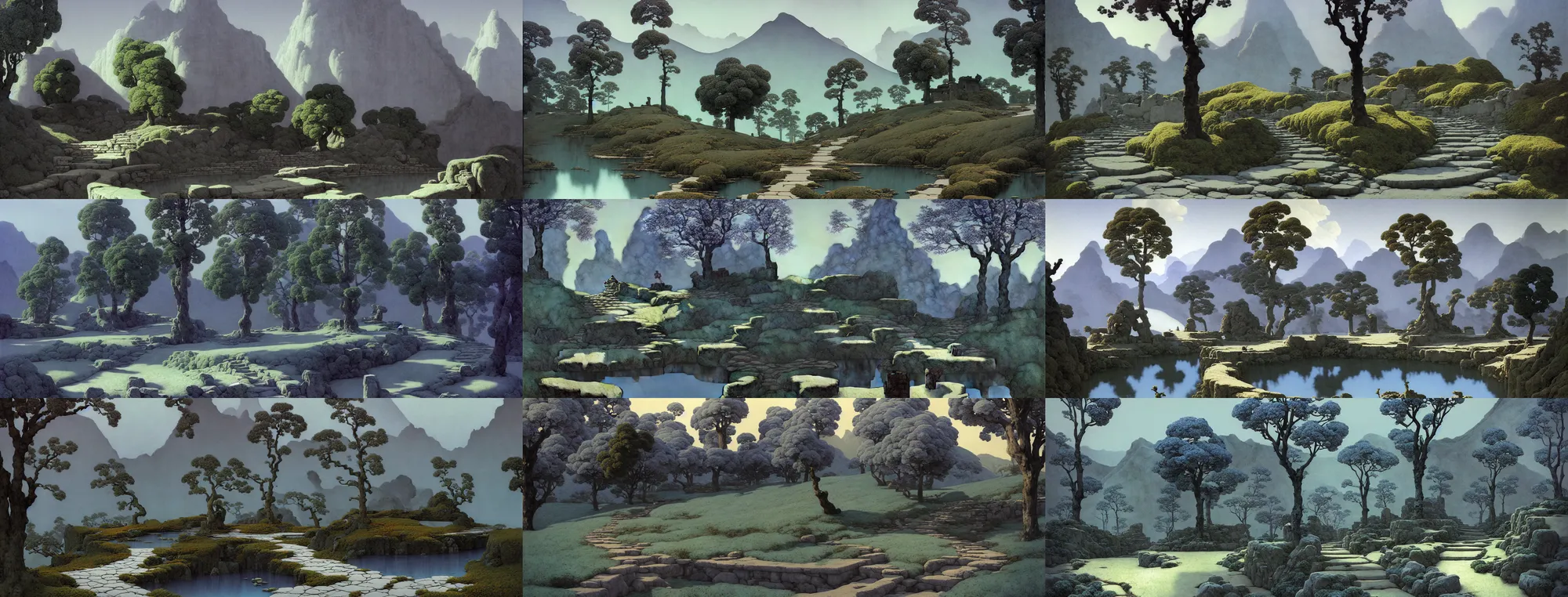 Prompt: a gorgeous bleak spring landscape painting by barlowe wayne maxfield parrish and marco mazzoni. tree no leaf!! china mountain village!! grey blue and very little light verdancy. the winding stone steps. ultra clear detailed. 3 d, octane render. turbulent blood lake.