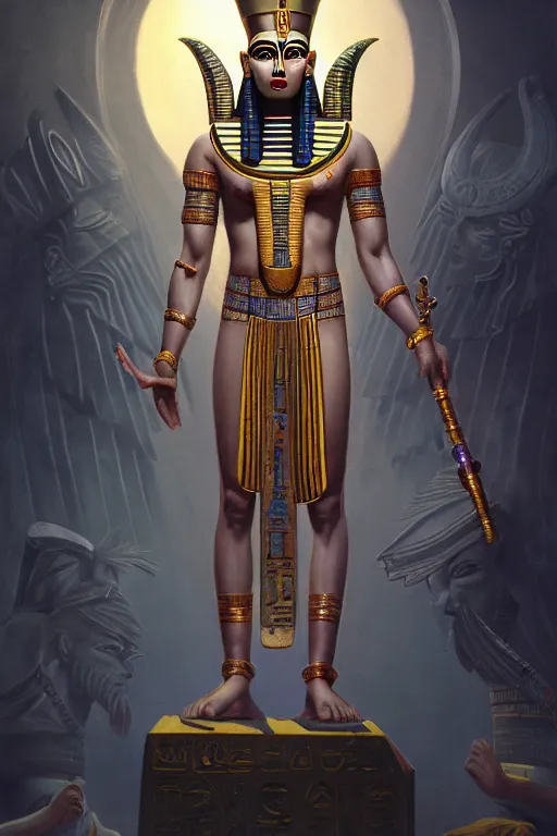 Image similar to egypt god osiris, god of the underworld, highly detailed, d & d, fantasy, highly detailed, digital painting, trending on artstation, concept art, sharp focus, illustration, global illumination, ray tracing, realistic shaded, art by artgerm and greg rutkowski and fuji choko and viktoria gavrilenko and hoang lap, sunny