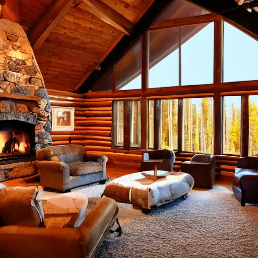 Image similar to interior design of a cabin on a mountain, light brown color scheme, vivid lighting, 4 k