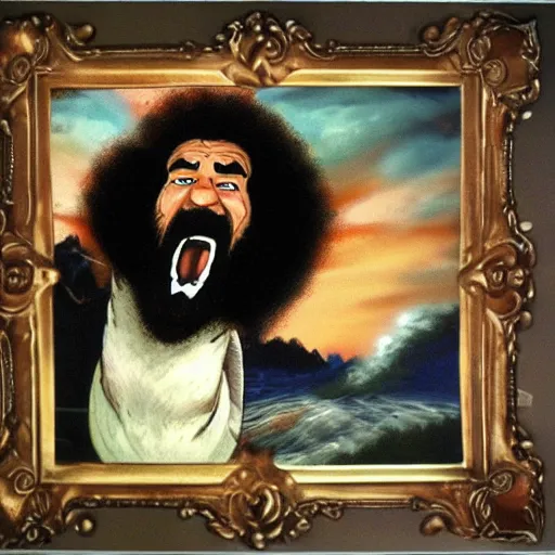 Image similar to bob ross screaming chasing after lion