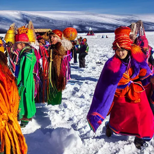 Prompt: conde naste traveler photo, a giant massive colorful harvest festival in the middle of the siberian tundra, colorful dancers in flowing robes dancing in ecstasy around a colorful religious idol, deep snow, harsh conditions,