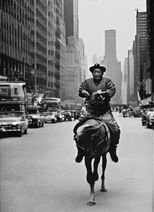 Image similar to a 35mm photograph of Genghis Khan riding a horse down a New York city street in the 1960's, bokeh, Canon 50mm, cinematic lighting, photography, retro, film, Kodachrome