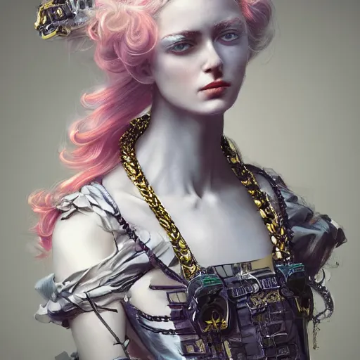 Image similar to A masterpiece portrait of a Incredibly beautiful futuristic high fashion queer model girl with a large luxurious Victorian necklace made of electronical trash. Rococo dress from steel. trending on artstation, digital art, by Stanley Artgerm Lau, WLOP, Rossdraws, James Jean, Andrei Riabovitchev, Marc Simonetti, Yoshitaka Amano