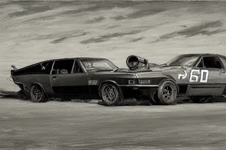 Prompt: illustration of mad max's pursuit special, the last v 8 interceptor, grant wood, pj crook, edward hopper