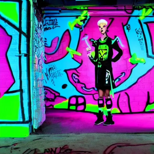 Image similar to die antwoord inside a dark house zef design graffiti, neon uv lighting