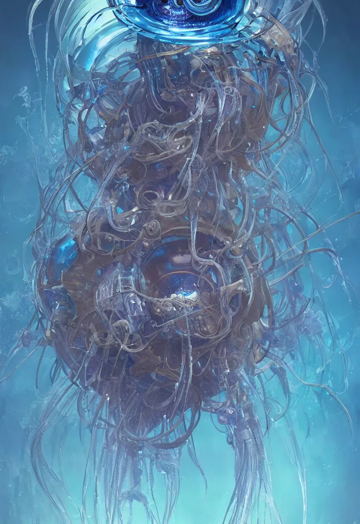 Image similar to Panorama hyper detailed painting of a cyberpunk jellyfish, blue tones, underwater, 8 mm, highly detailed, digital painting, artstation, concept art, smooth, sharp focus, illustration, art by artgerm and greg rutkowski and alphonse mucha