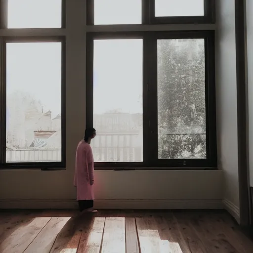 Image similar to person in pyjamas standing near window, turned back to camera, cinematography, sun rays, daylight, big french door window, windowsill, big spatious room, carpet at the floor, wide shot, furnished room, anamorphic shot lens, window at the center, wooden floor, modern, winter sun, photorealistic, high ceiling