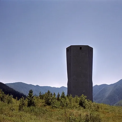 Prompt: brutalist concrete spomenik structure, in the mountains, taiga, by Henri Matisse