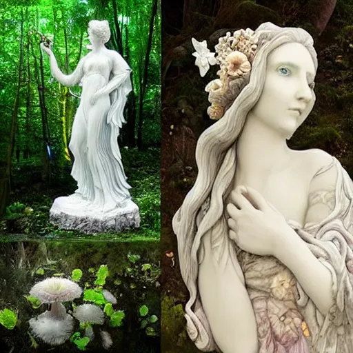 Image similar to a fully dressed idealistic marble statue with beautiful porcelain face with fractal flowery hair in a fractal garden, glowing delicate flower and mushrooms that grow in a dark fatansy forest on the planet pandora,, symmetrical,