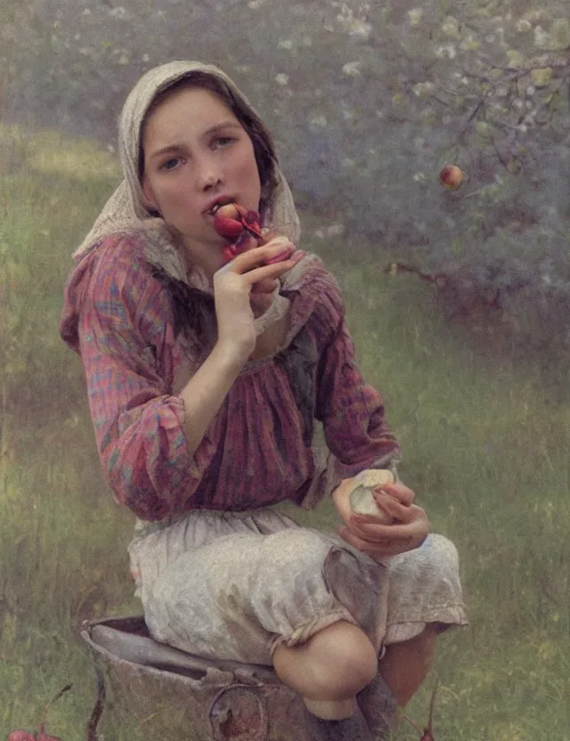 Image similar to peasant girl eating cherry, portrait, cottage core, cinematic focus, polaroid photo bleached vintage pastel colors high - key lighting, soft lights, foggy, by steve hanks, by lisa yuskavage, by serov valentin, by tarkovsky, 8 k render, detailed, oil on canvas